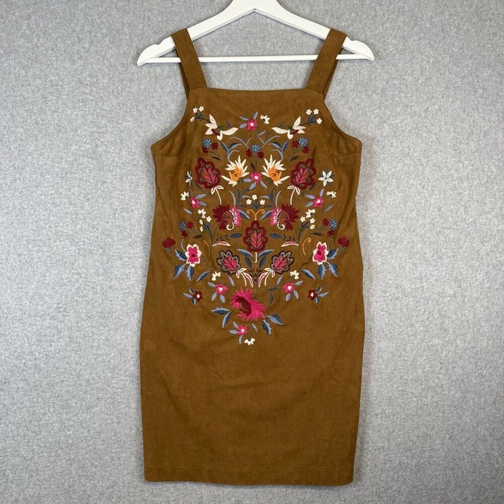 Abercrombie and Fitch Womens Size 00 Brown Suede Embroidered Floral A Line Dress
